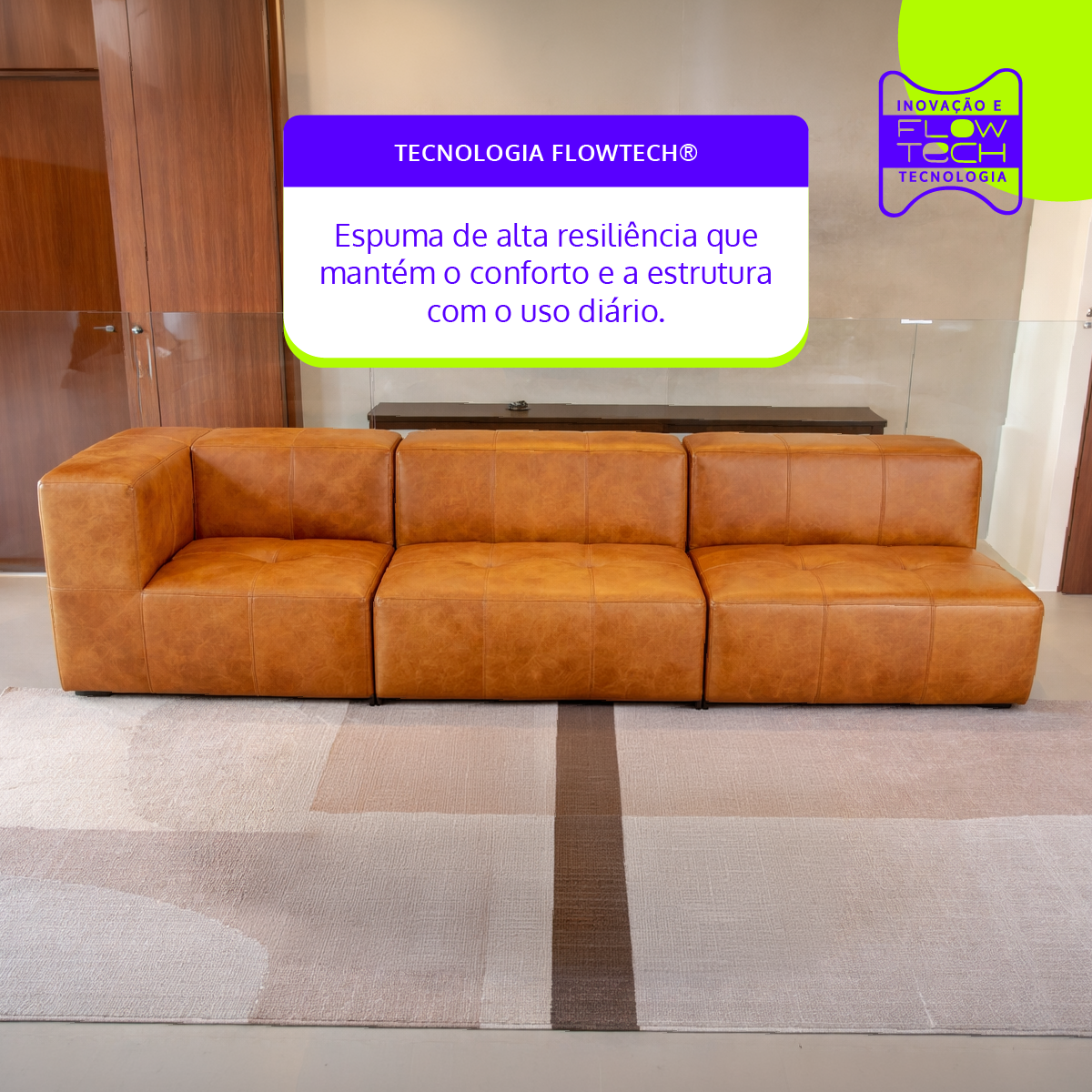 Sofá Modular 3 Lugares 1 Canto em Poli-Couro Marrom