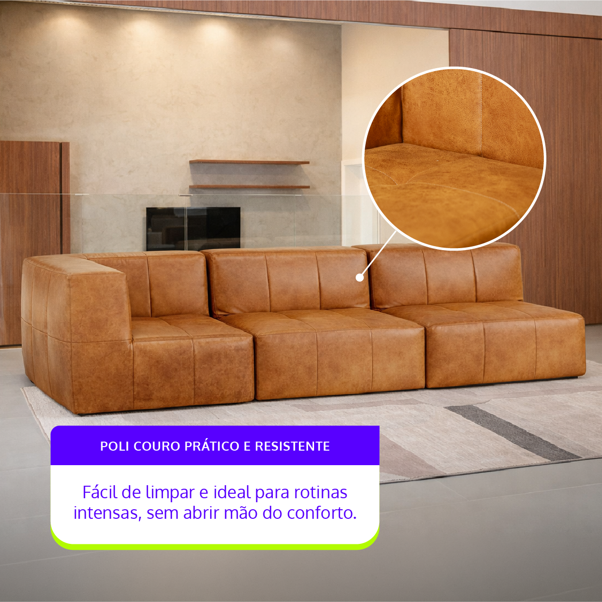 Sofá Modular 3 Lugares 1 Canto em Poli-Couro Marrom