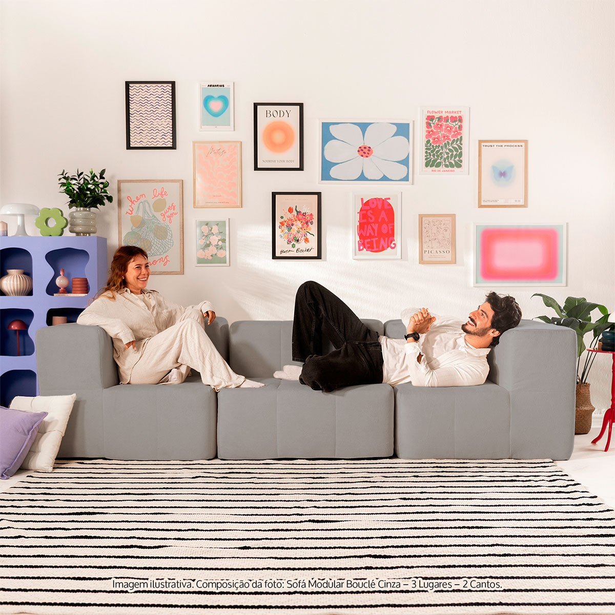 Sofá Modular Boucle Cinza - 3 Lugares - 2 Cantos