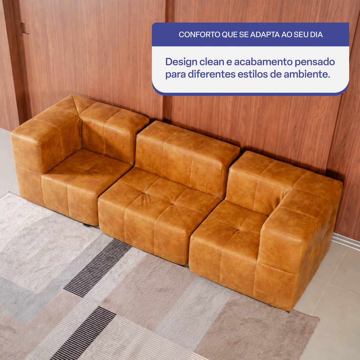 Sofá Modular 3 Lugares com 2 Cantos em Poli-Couro Marrom