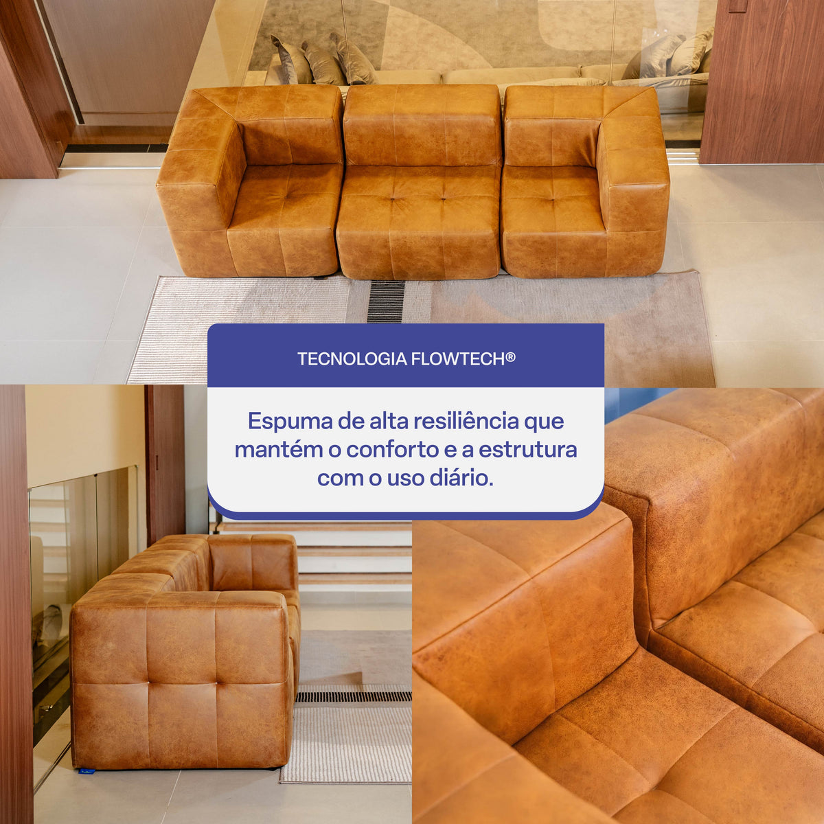 Sofá Modular 3 Lugares com 2 Cantos em Poli-Couro Marrom