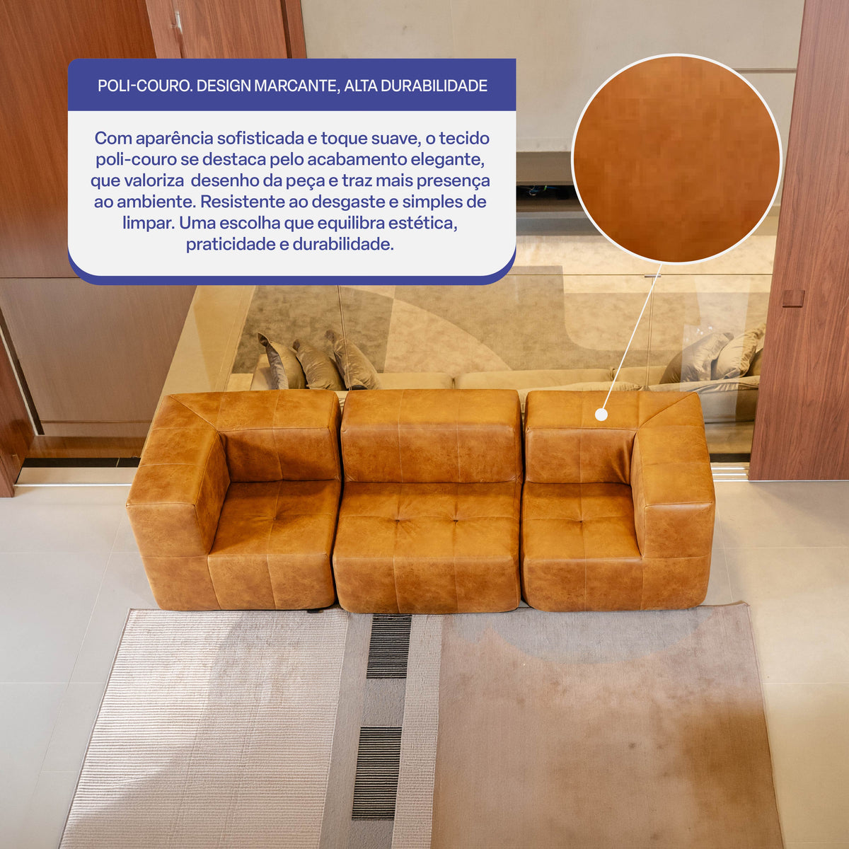 Sofá Modular 3 Lugares com 2 Cantos em Poli-Couro Marrom