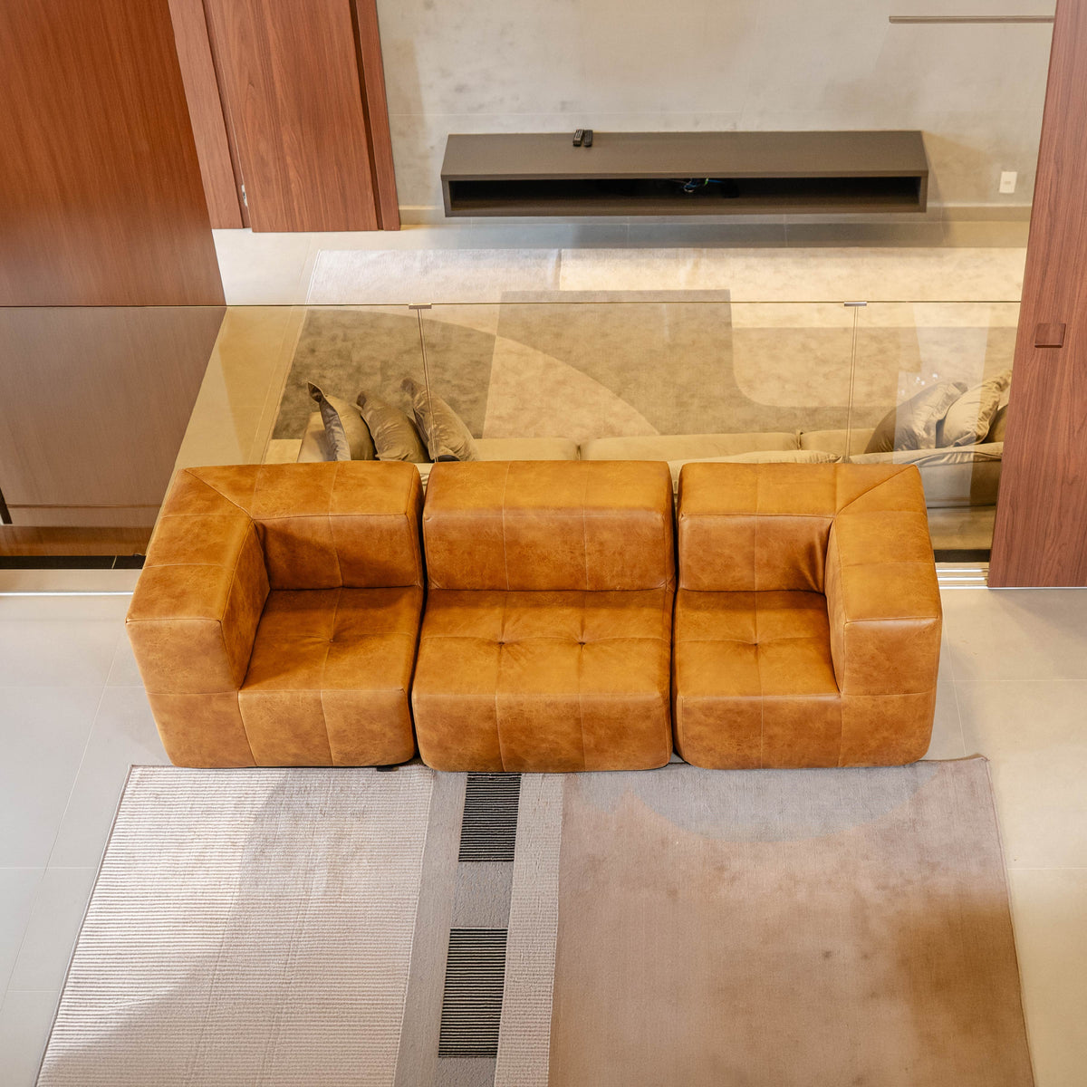 Sofá Modular 3 Lugares com 2 Cantos em Poli-Couro Marrom