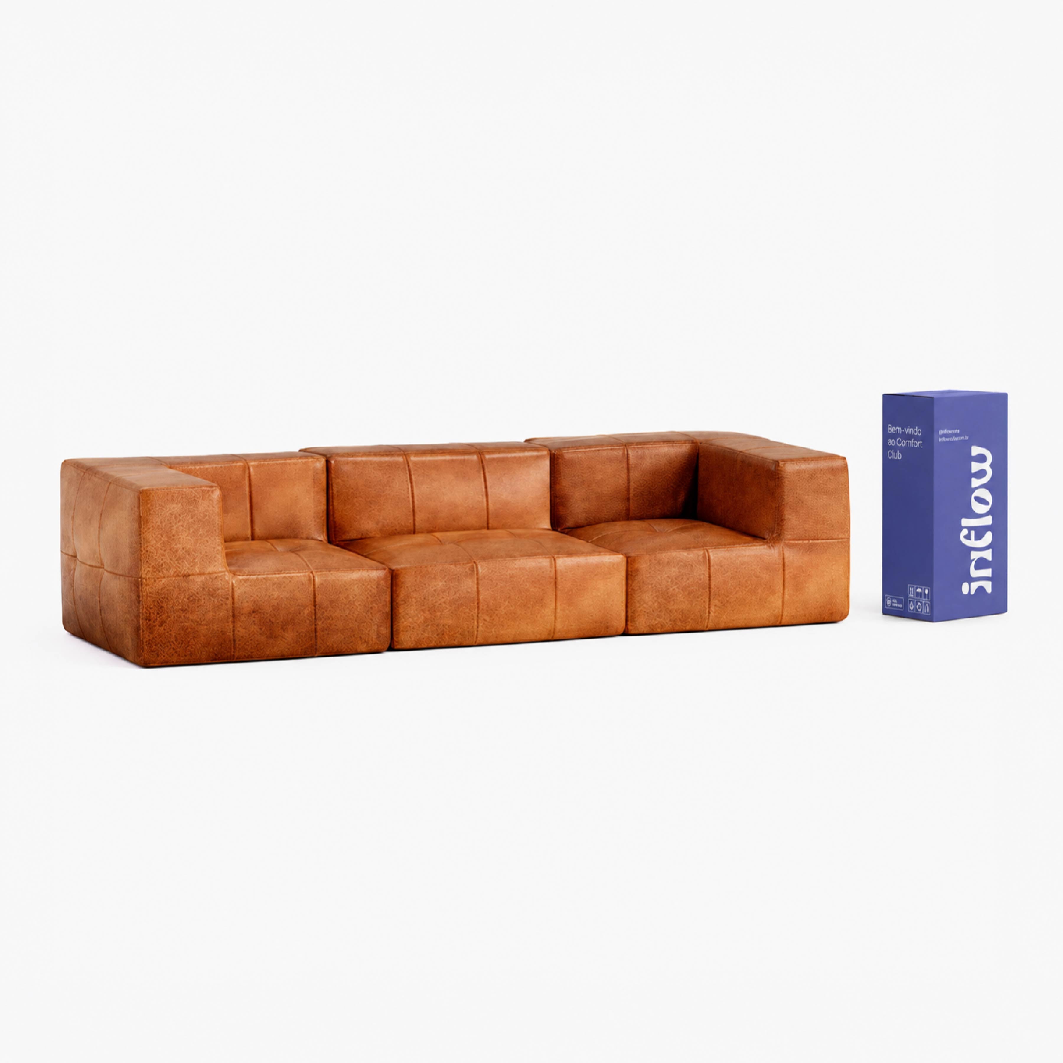 Sofá Modular 3 Lugares com 2 Cantos em Poli-Couro Marrom