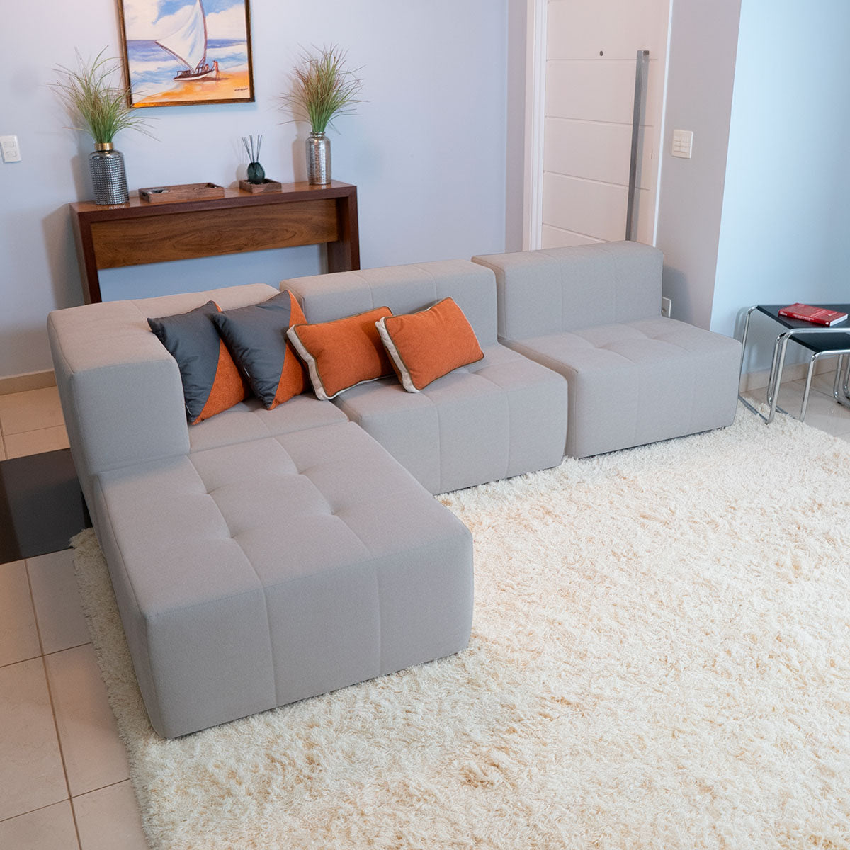 Sofá Modular 3 Lugares 1 Canto com 1 Apoio de Pé em Boucle Cinza