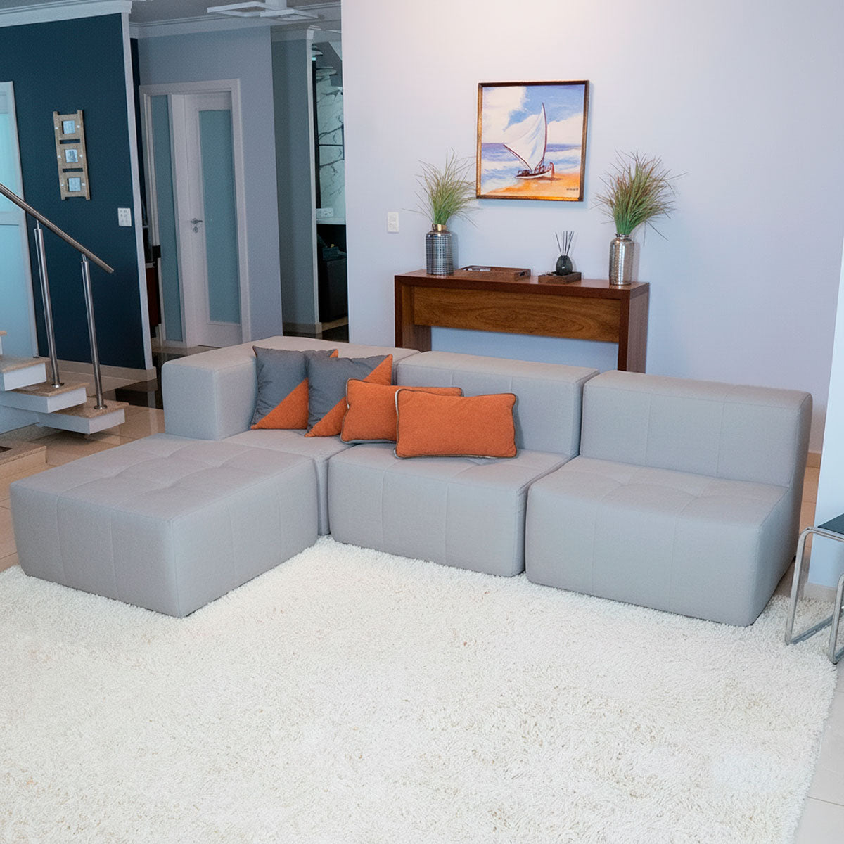 Sofá Modular 3 Lugares 1 Canto com 1 Apoio de Pé em Boucle Cinza