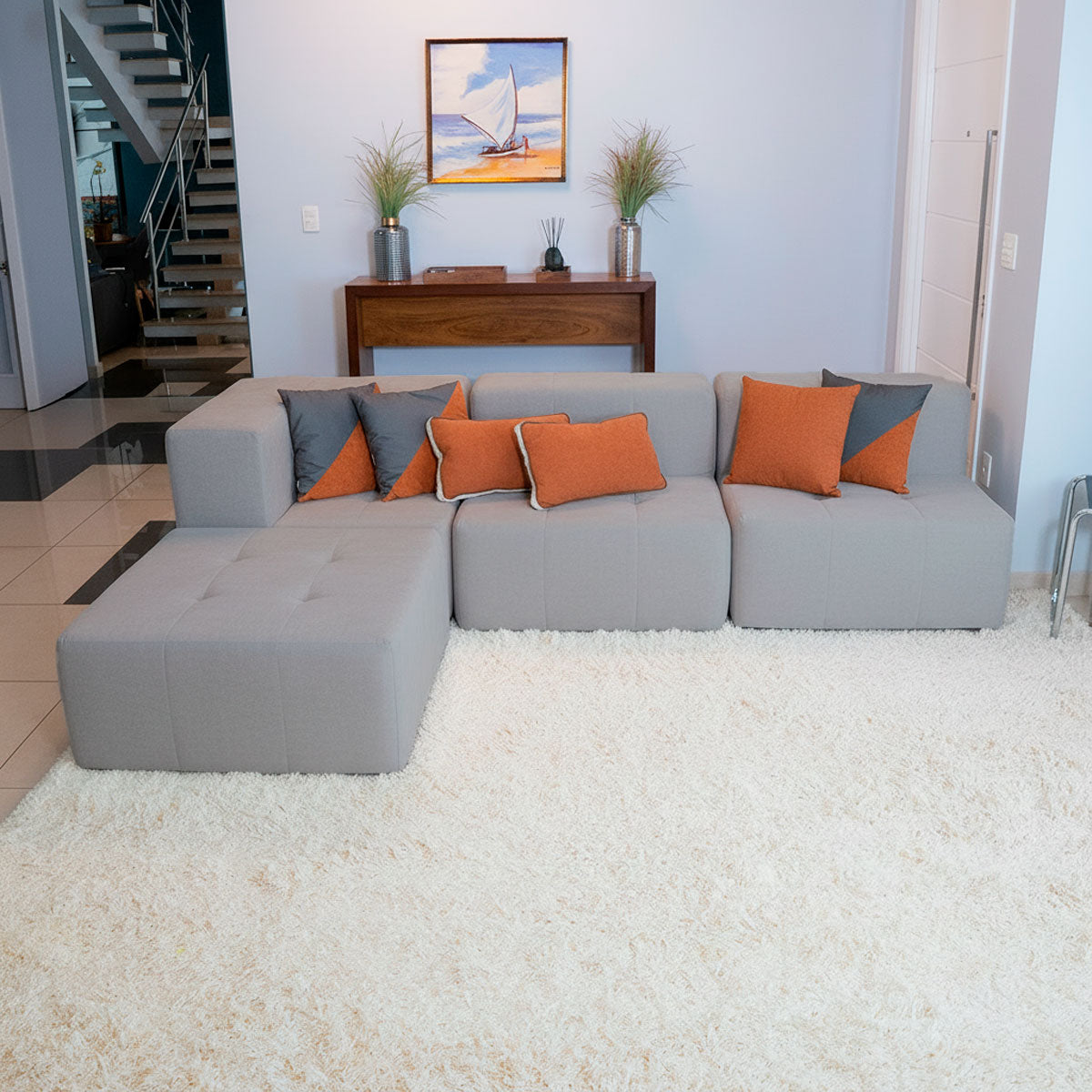 Sofá Modular 3 Lugares 1 Canto com 1 Apoio de Pé em Boucle Cinza