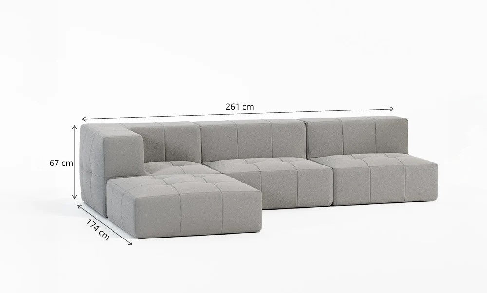 Sofá Modular 3 Lugares 1 Canto com 1 Apoio de Pé em Boucle Cinza