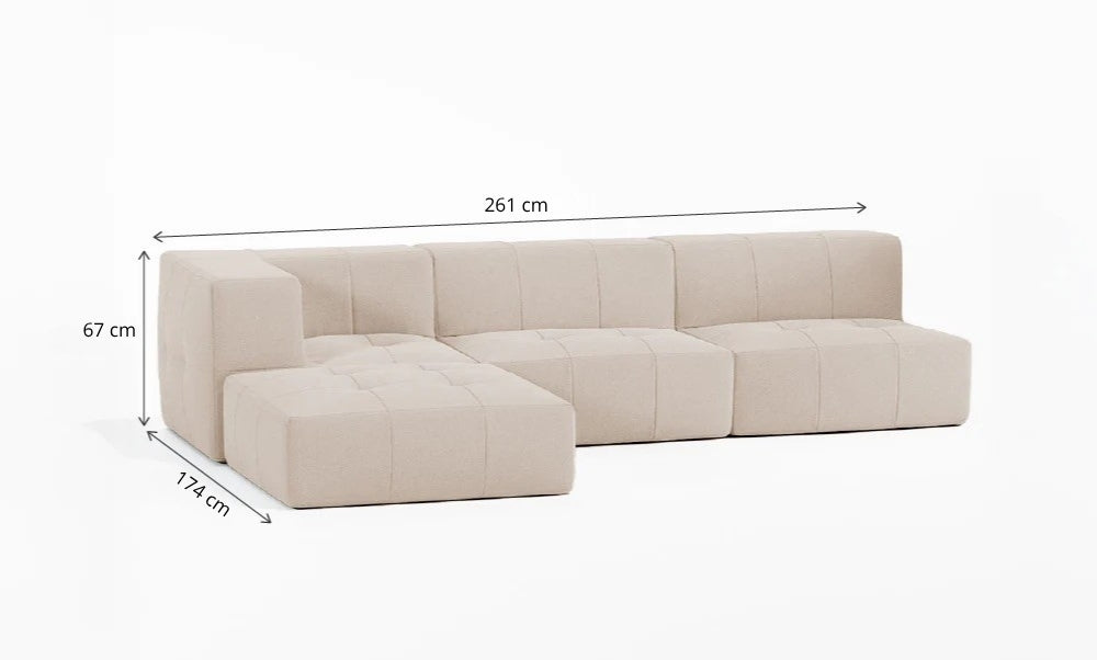 Sofá Modular 3 Lugares 1 Canto com 1 Apoio de Pé em Boucle Bege