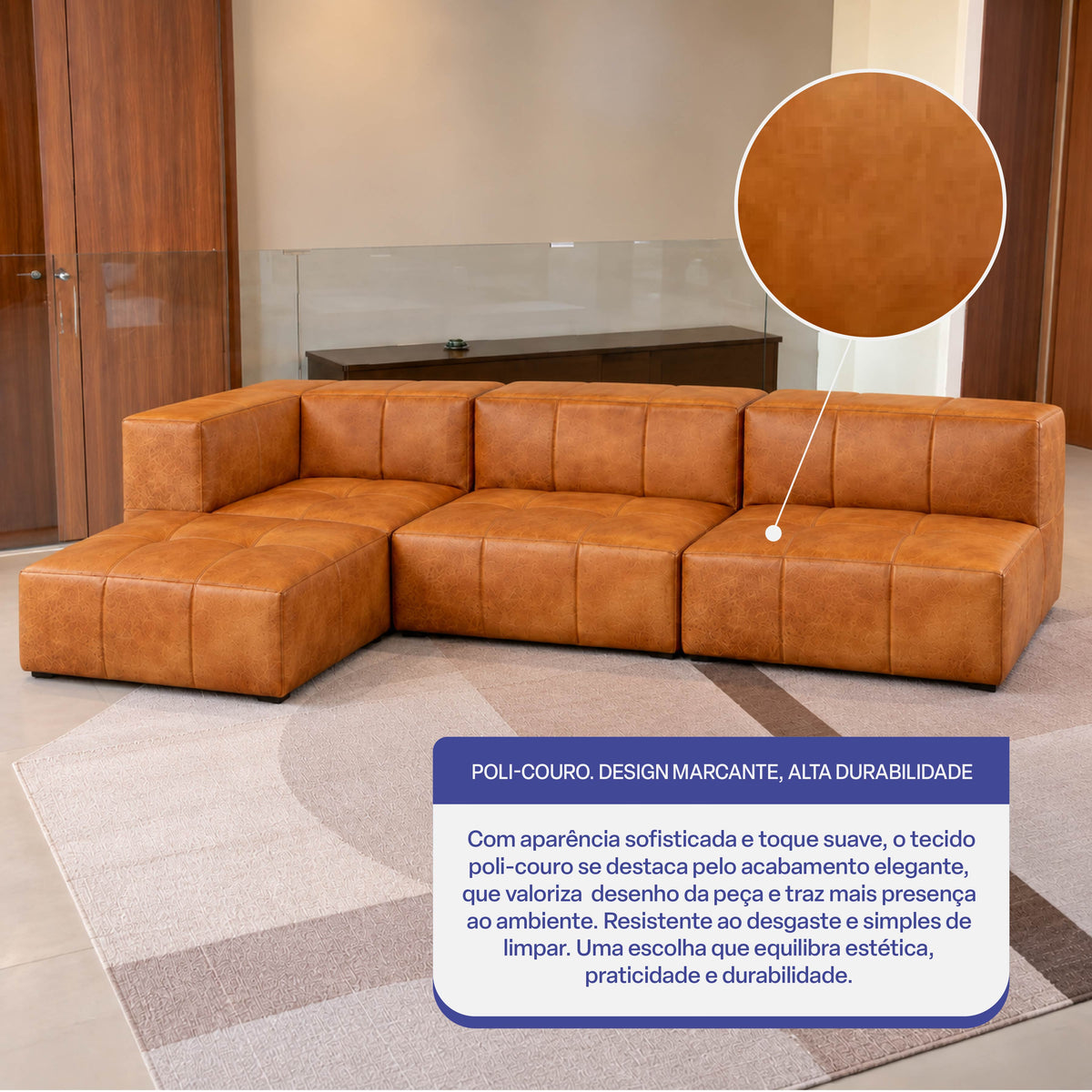 Sofá Modular 3 Lugares 1 Canto com 1 Apoio de Pé em Poli-Couro Marrom