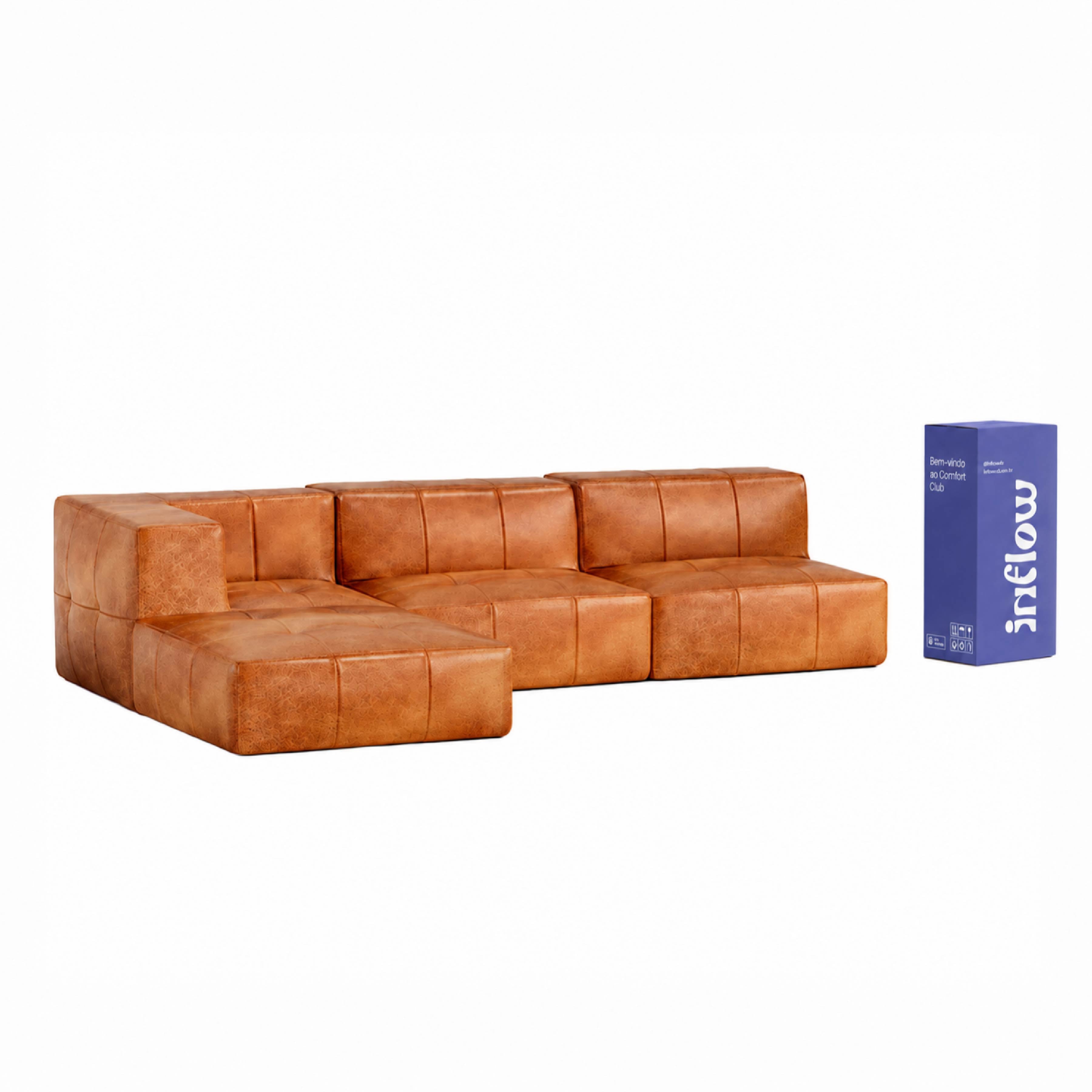 Sofá Modular 3 Lugares 1 Canto com 1 Apoio de Pé em Poli-Couro Marrom
