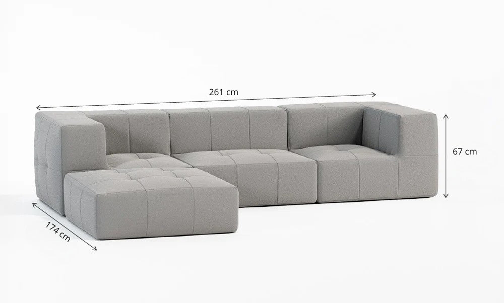 Sofá Modular 3 Lugares 2 Cantos com 1 Apoio de Pé em Boucle Cinza