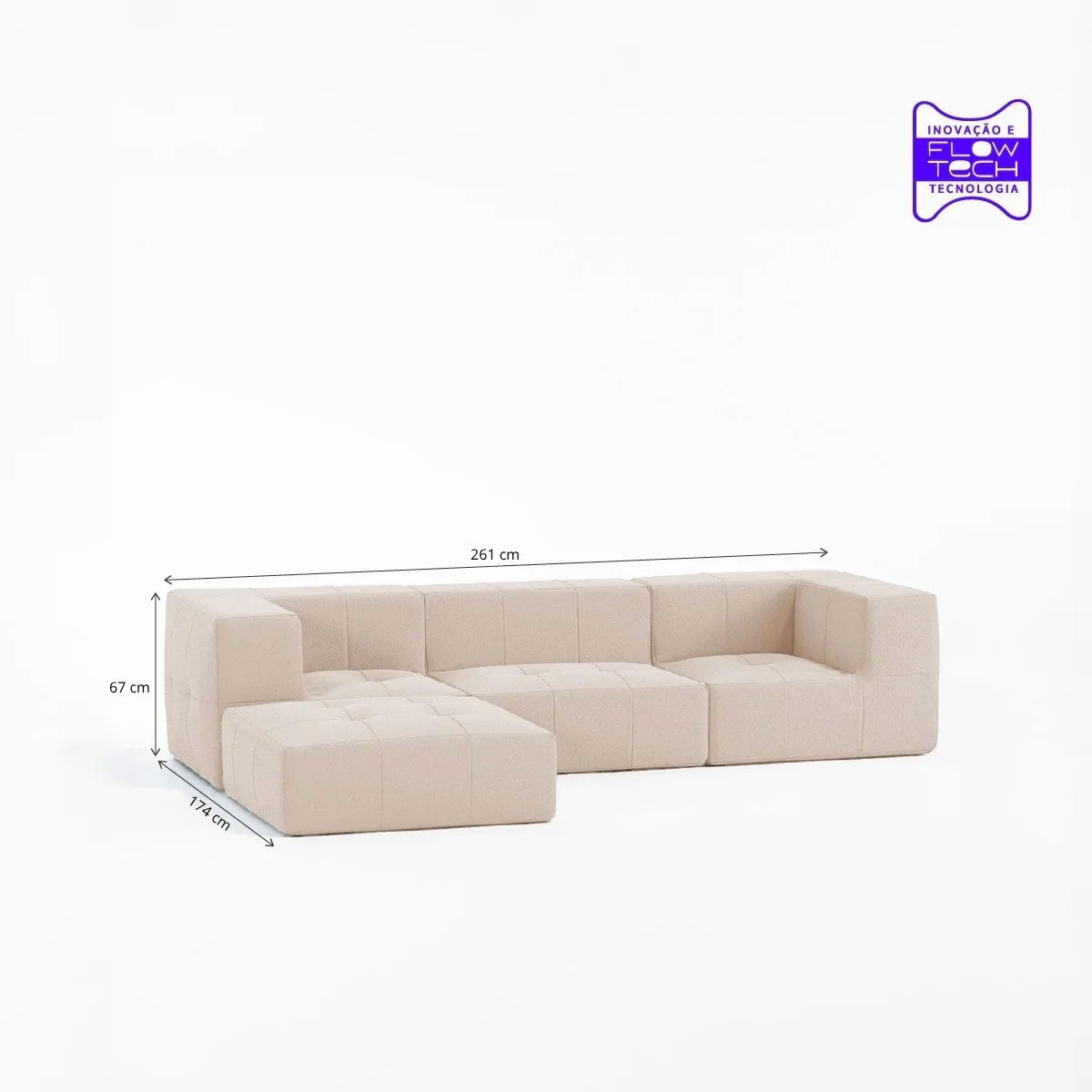 Sofá Modular 3 Lugares 2 Cantos com 1 Apoio de Pé em Boucle Bege