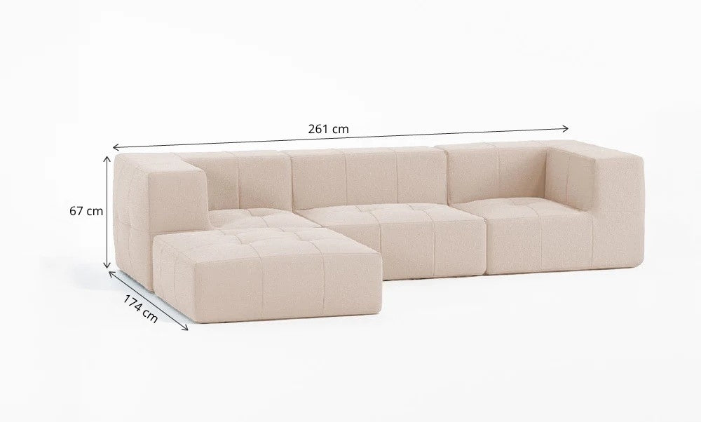 Sofá Modular 3 Lugares 2 Cantos com 1 Apoio de Pé em Boucle Bege