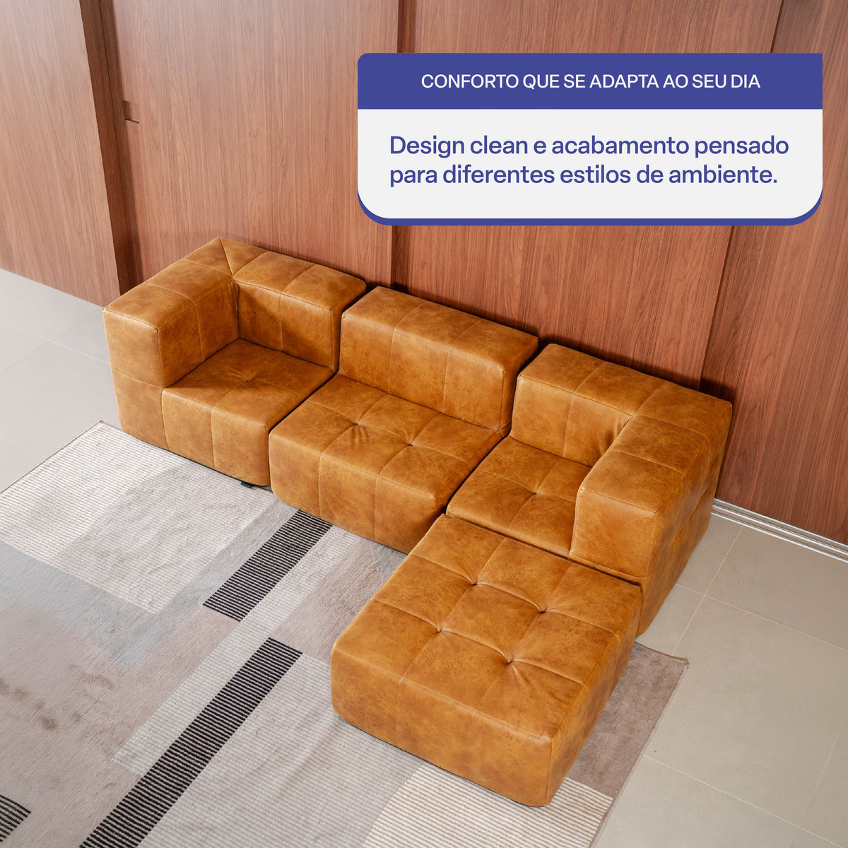Sofá Modular 3 Lugares 2 Cantos com 1 Apoios de Pé em Poli-Couro Marrom