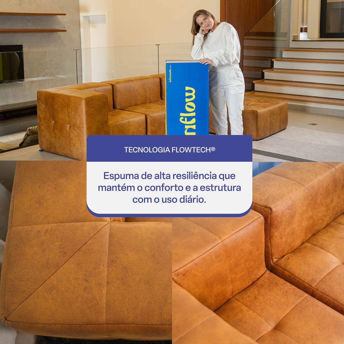 Sofá Modular 3 Lugares 2 Cantos com 1 Apoios de Pé em Poli-Couro Marrom