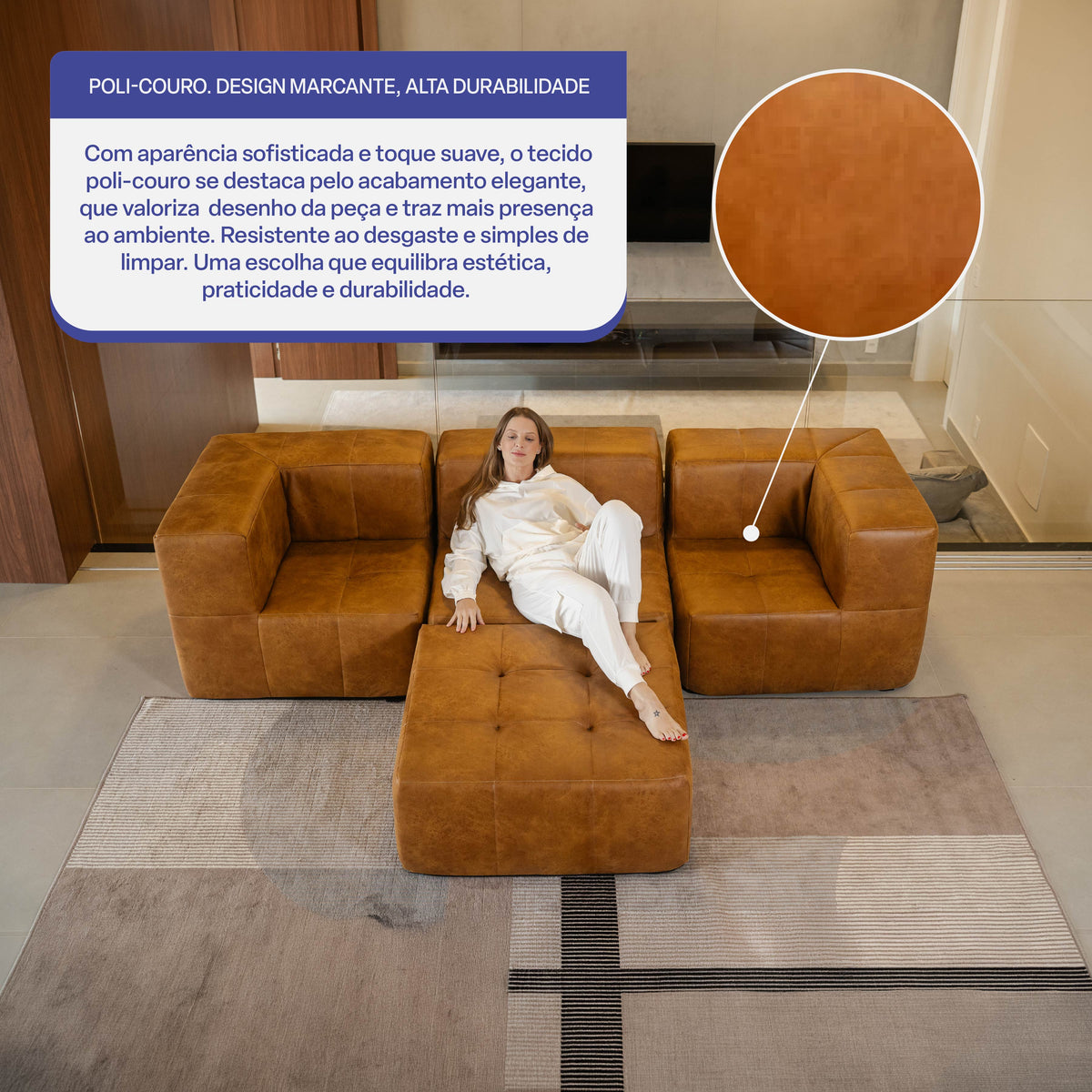 Sofá Modular 3 Lugares 2 Cantos com 1 Apoios de Pé em Poli-Couro Marrom