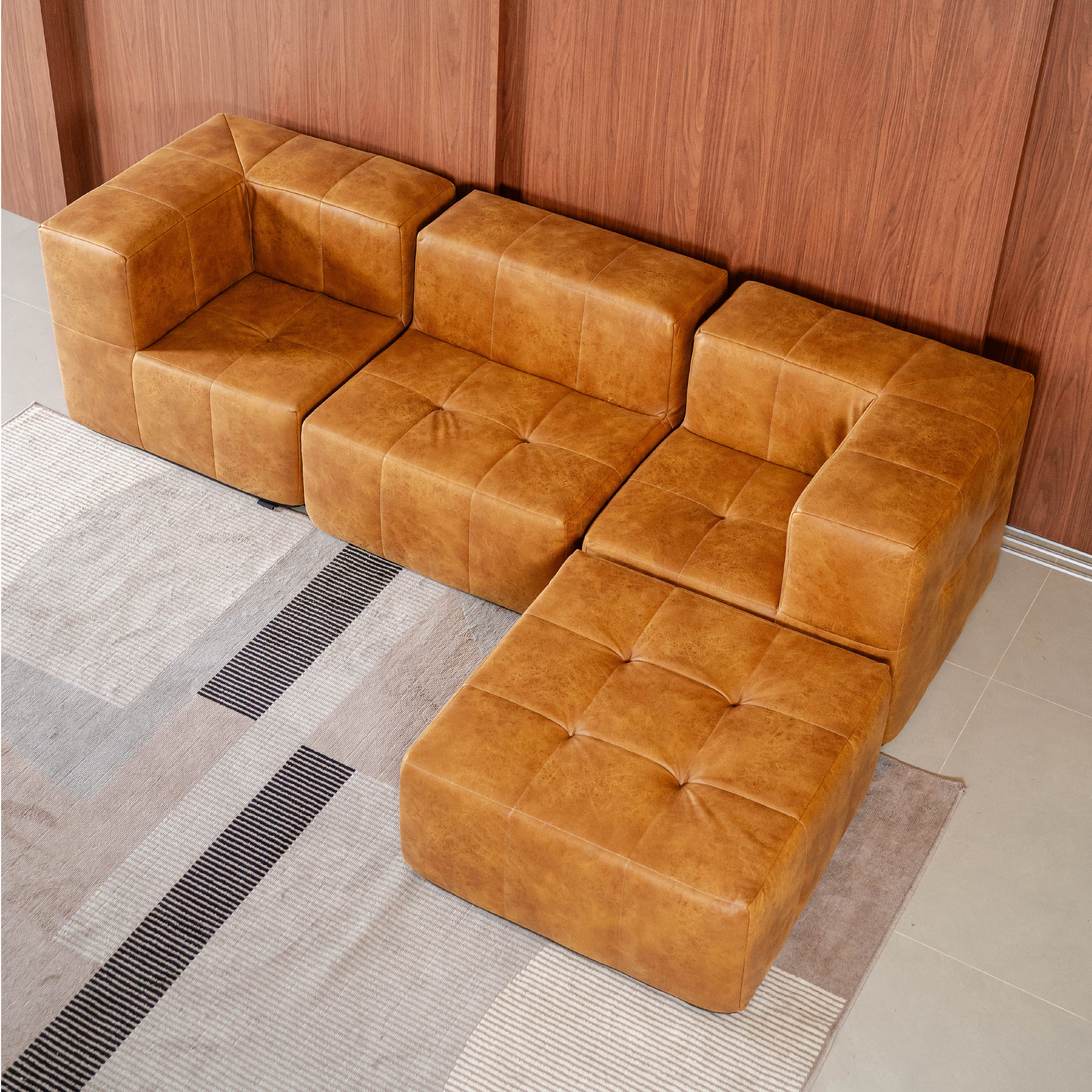 Sofá Modular 3 Lugares 2 Cantos com 1 Apoios de Pé em Poli-Couro Marrom