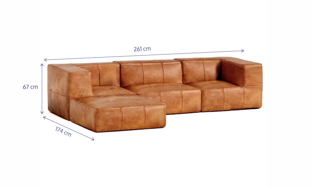 Sofá Modular 3 Lugares 2 Cantos com 1 Apoios de Pé em Poli-Couro Marrom