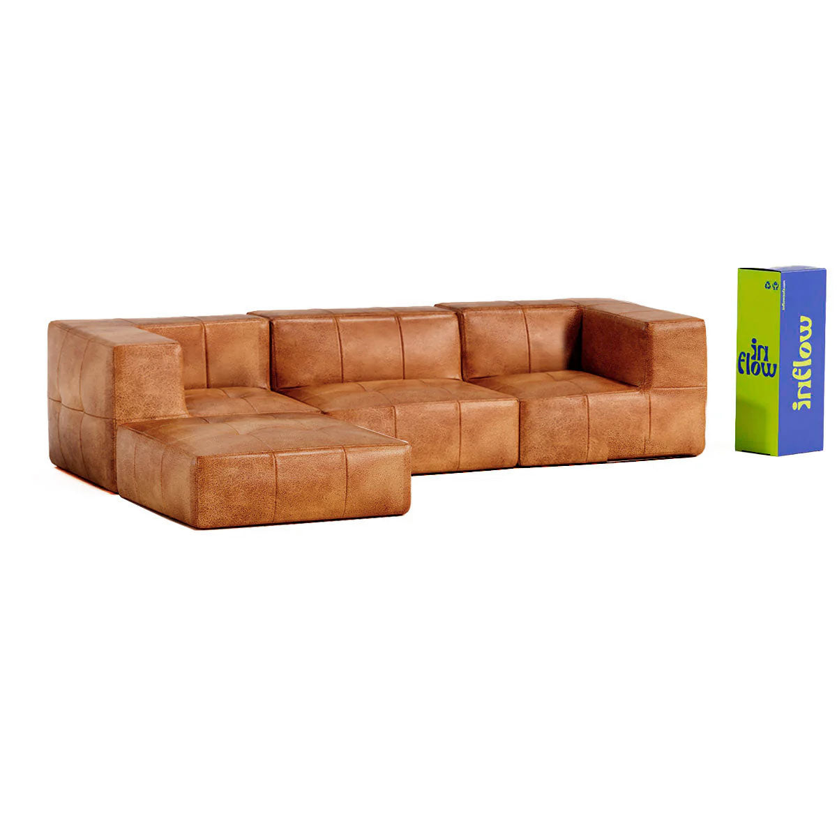 Sofá Modular 3 Lugares 2 Cantos com 1 Apoios de Pé em Poli-Couro Marrom