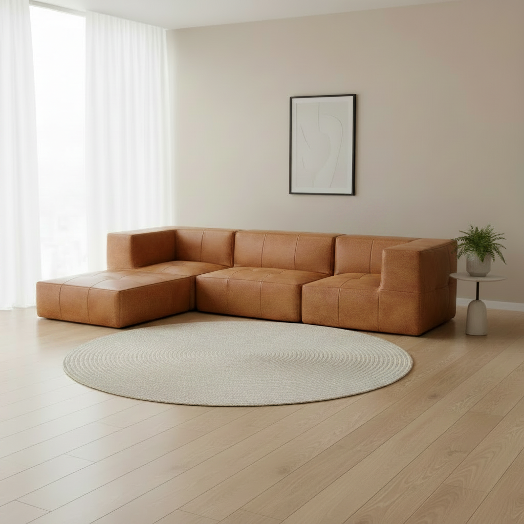 Sofá Modular 3 Lugares 2 Cantos com 1 Apoios de Pé em Poli-Couro Marrom