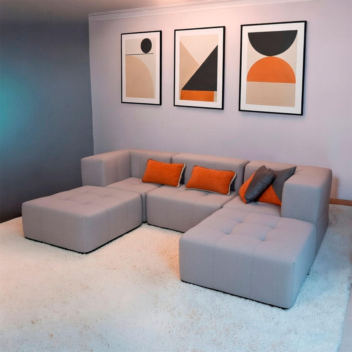 Sofá Modular 3 Lugares 2 Cantos com 2 Apoios de Pé em Boucle Cinza