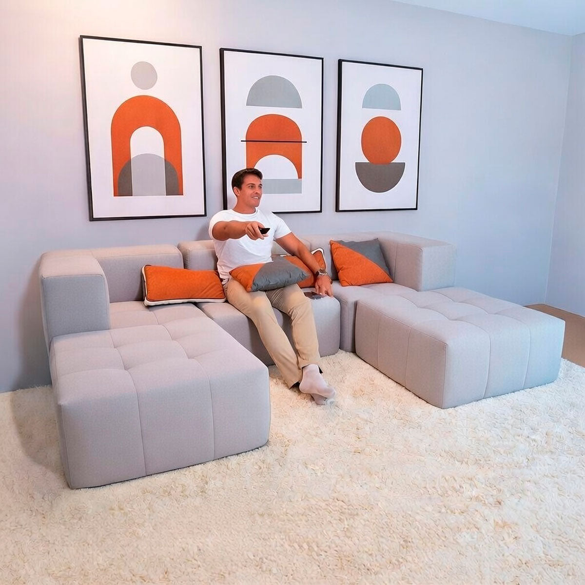 Sofá Modular 3 Lugares 2 Cantos com 2 Apoios de Pé em Boucle Cinza