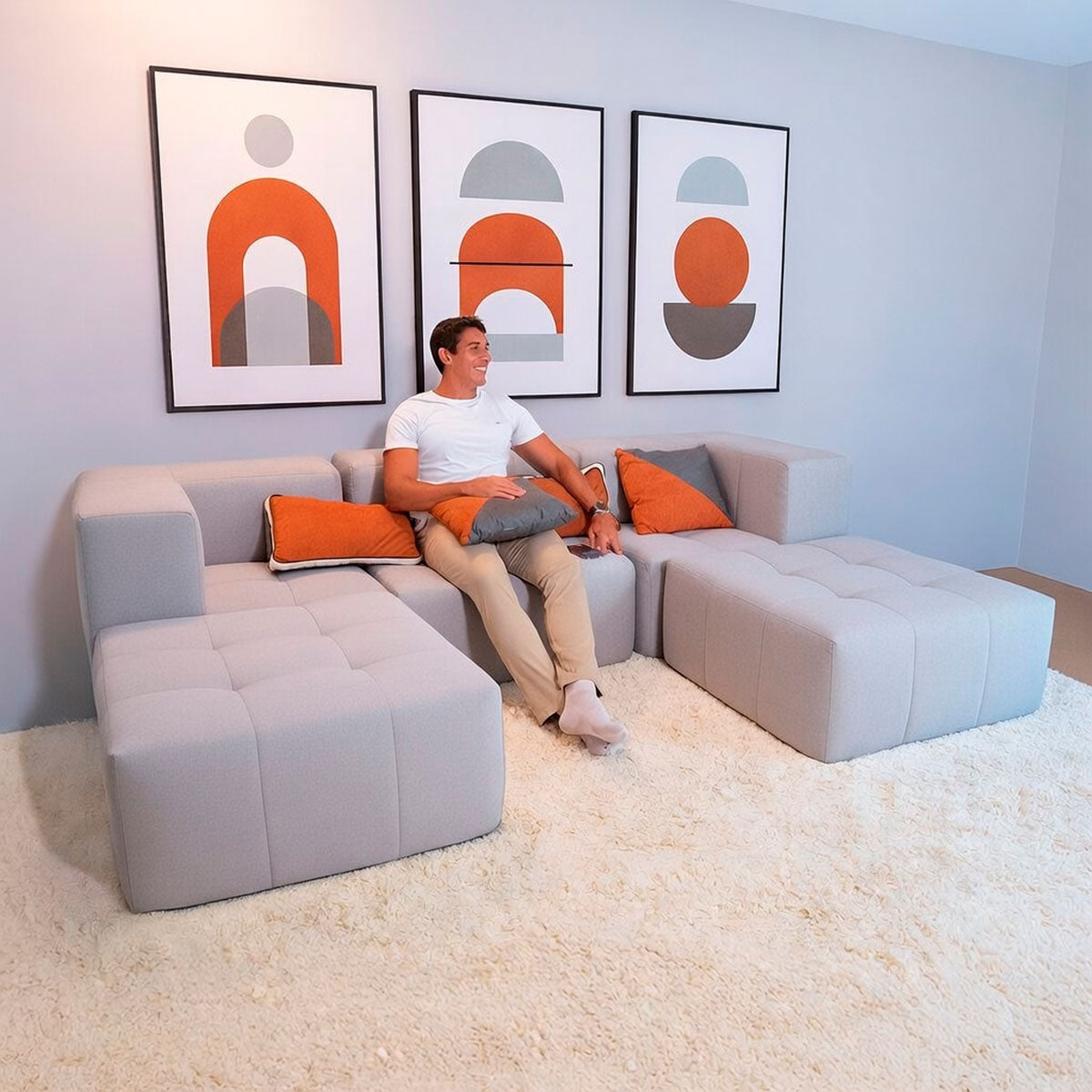 Sofá Modular 3 Lugares 2 Cantos com 2 Apoios de Pé em Boucle Cinza