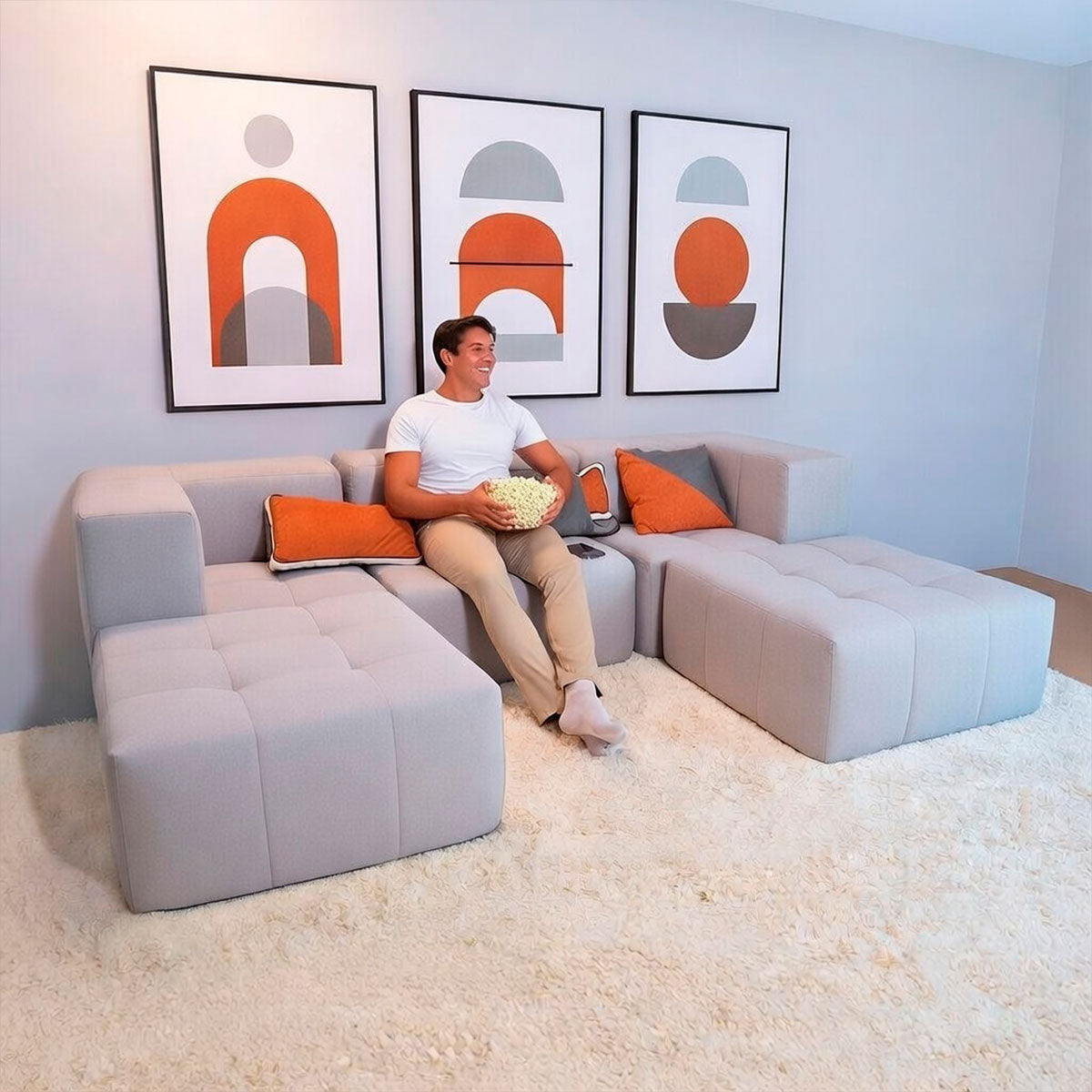 Sofá Modular 3 Lugares 2 Cantos com 2 Apoios de Pé em Boucle Cinza