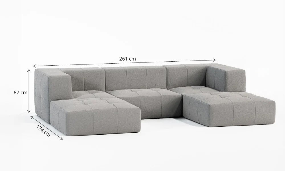 Sofá Modular 3 Lugares 2 Cantos com 2 Apoios de Pé em Boucle Cinza