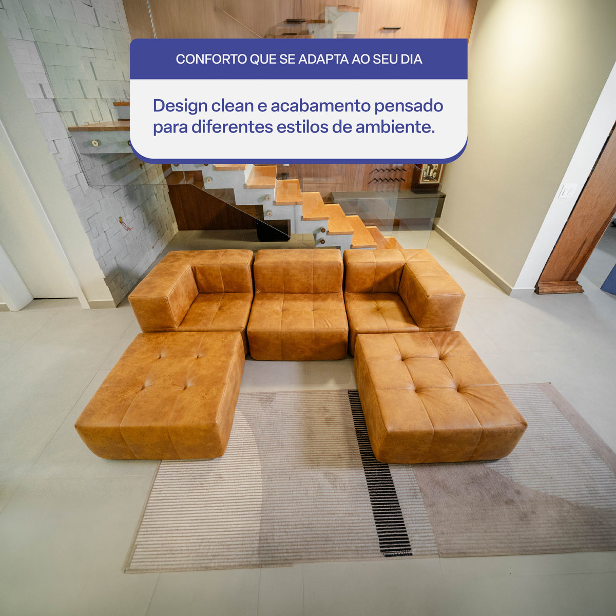 Sofá Modular 3 Lugares 2 Cantos com 2 Apoios de Pé em Poli-Couro Marrom