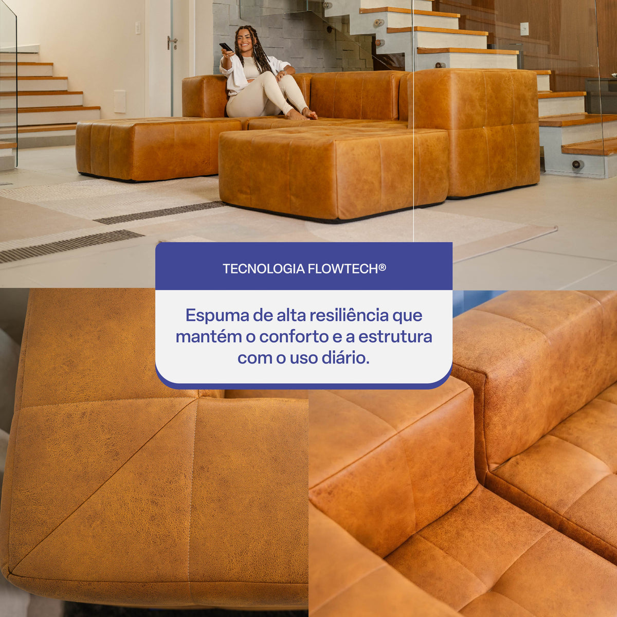 Sofá Modular 3 Lugares 2 Cantos com 2 Apoios de Pé em Poli-Couro Marrom