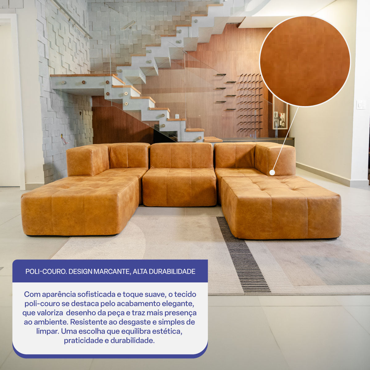 Sofá Modular 3 Lugares 2 Cantos com 2 Apoios de Pé em Poli-Couro Marrom
