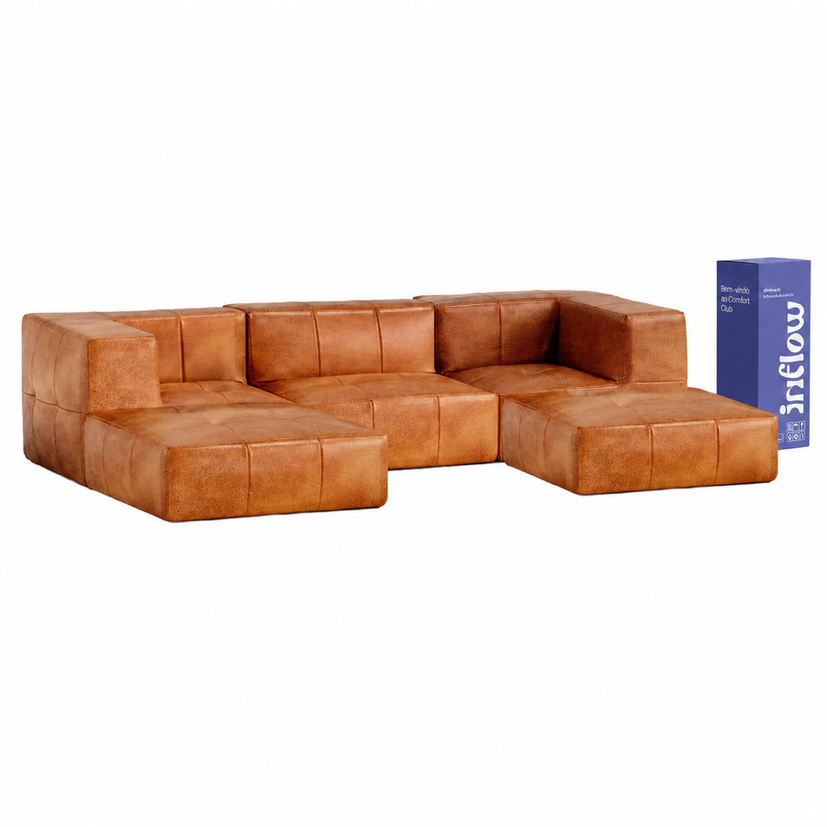 Sofá Modular 3 Lugares 2 Cantos com 2 Apoios de Pé em Poli-Couro Marrom