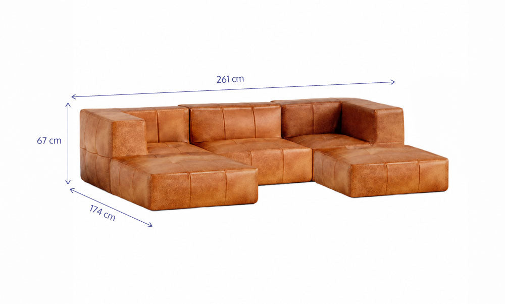 Sofá Modular 3 Lugares 2 Cantos com 2 Apoios de Pé em Poli-Couro Marrom