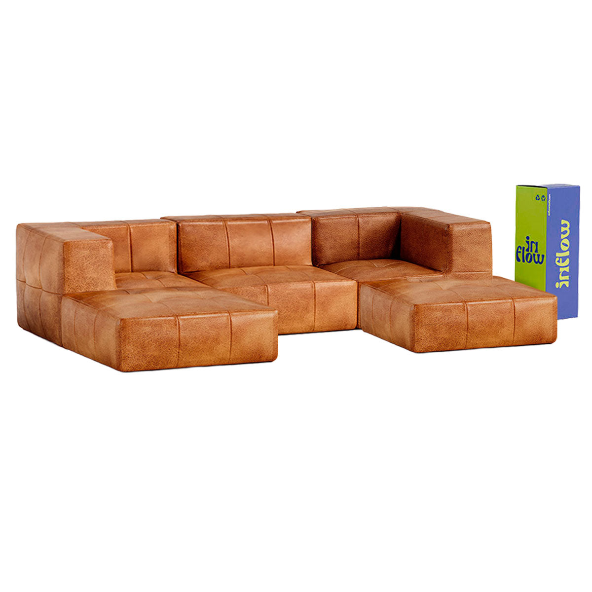 Sofá Modular 3 Lugares 2 Cantos com 2 Apoios de Pé em Poli-Couro Marrom