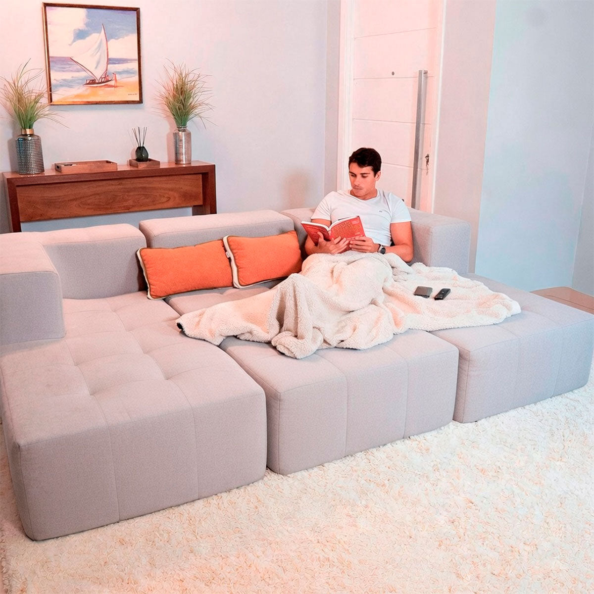 Sofá Modular 3 Lugares 2 Cantos com 3 Apoios de Pé em Boucle Cinza