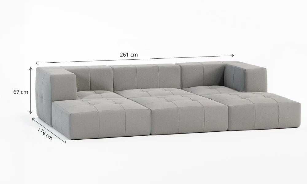 Sofá Modular 3 Lugares 2 Cantos com 3 Apoios de Pé em Boucle Cinza