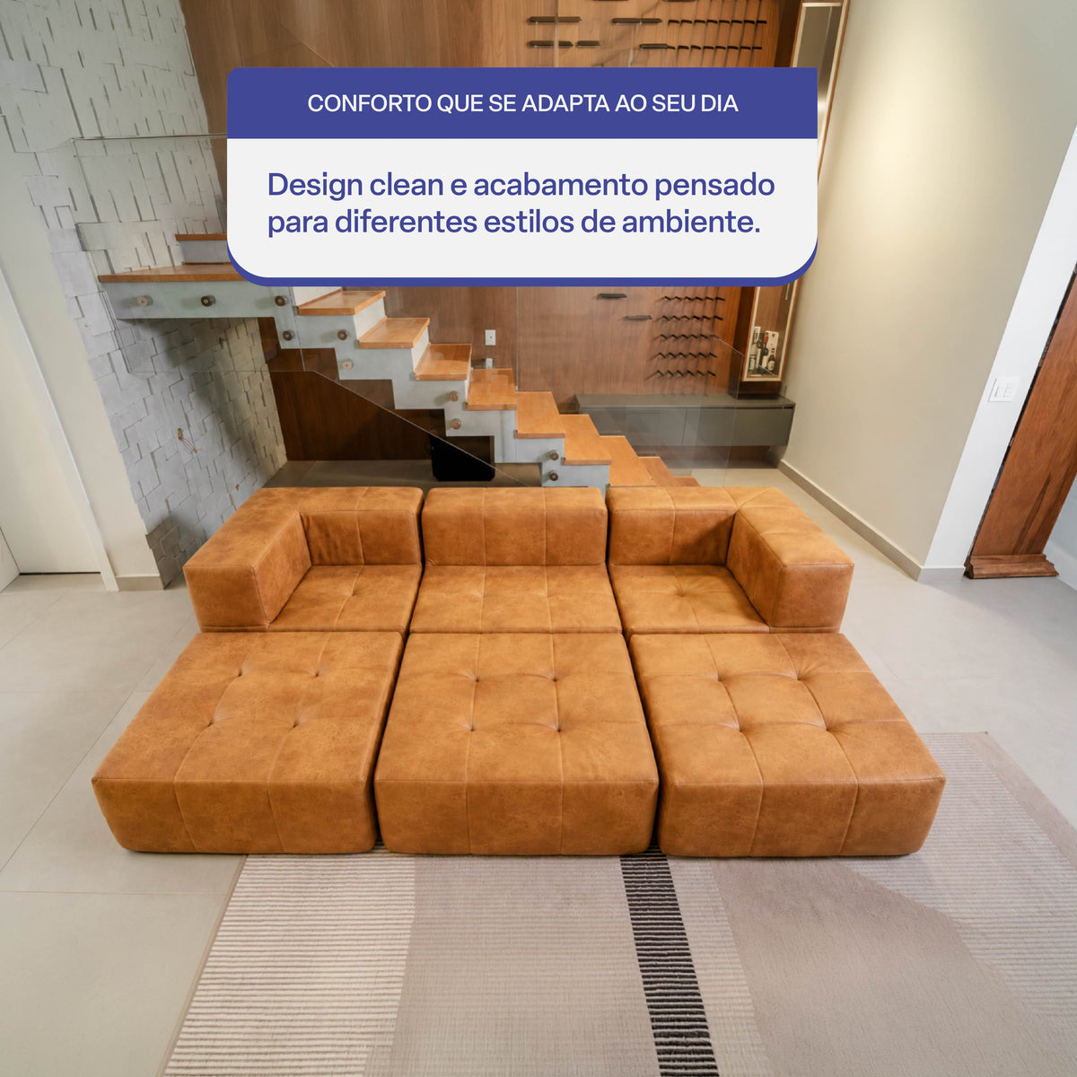 Sofá Modular 3 Lugares 2 Cantos com 3 Apoios de Pé em Poli-Couro Marrom
