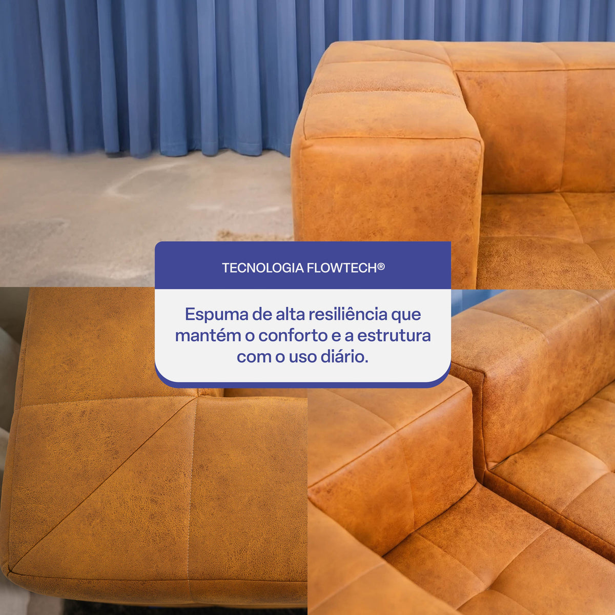Sofá Modular 3 Lugares 2 Cantos com 3 Apoios de Pé em Poli-Couro Marrom