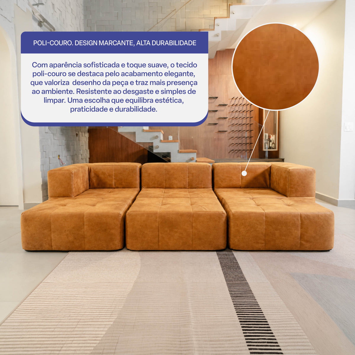 Sofá Modular 3 Lugares 2 Cantos com 3 Apoios de Pé em Poli-Couro Marrom