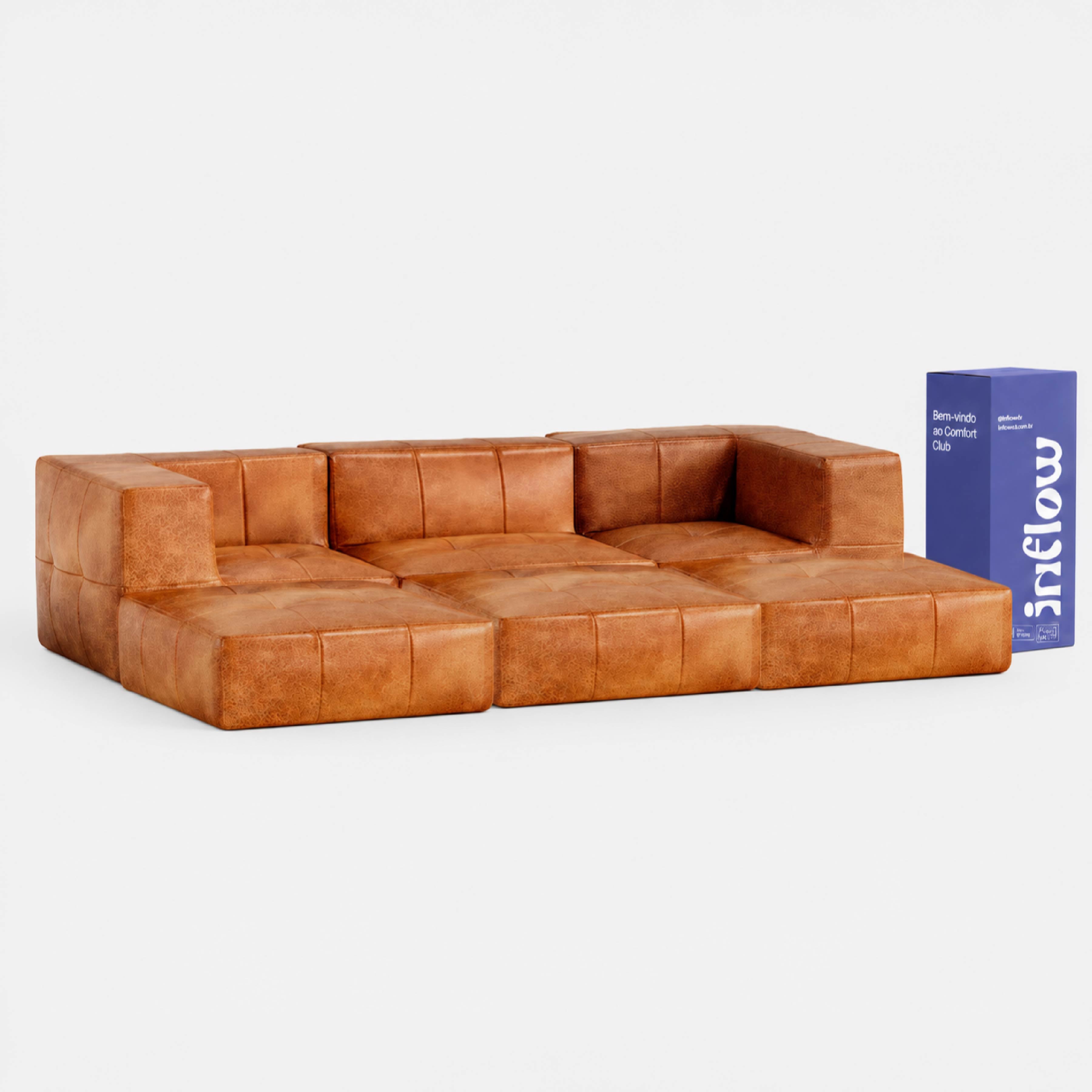 Sofá Modular 3 Lugares 2 Cantos com 3 Apoios de Pé em Poli-Couro Marrom