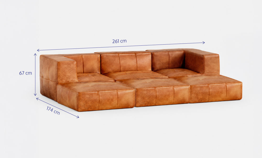 Sofá Modular 3 Lugares 2 Cantos com 3 Apoios de Pé em Poli-Couro Marrom