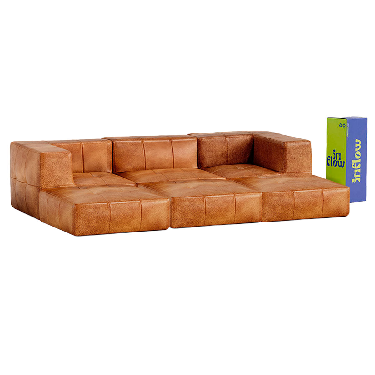 Sofá Modular 3 Lugares 2 Cantos com 3 Apoios de Pé em Poli-Couro Marrom
