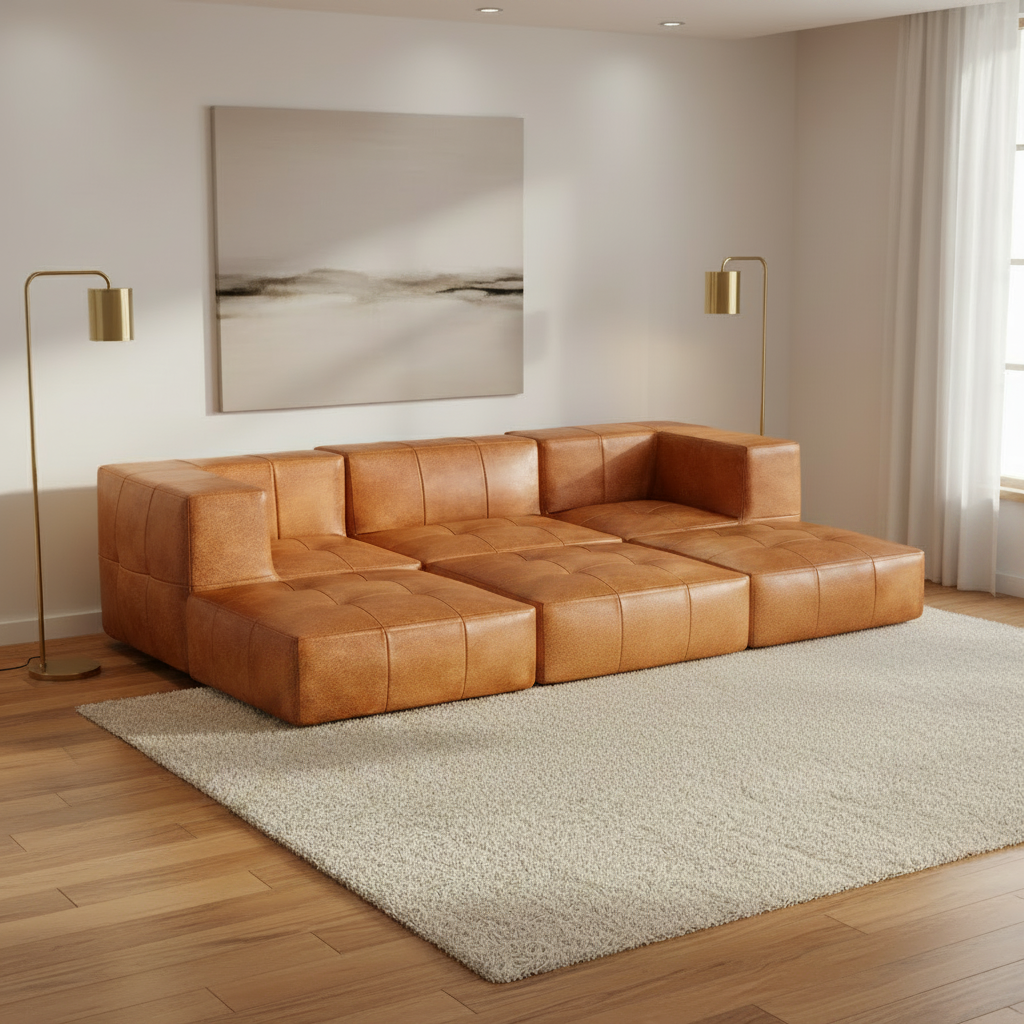 Sofá Modular 3 Lugares 2 Cantos com 3 Apoios de Pé em Poli-Couro Marrom