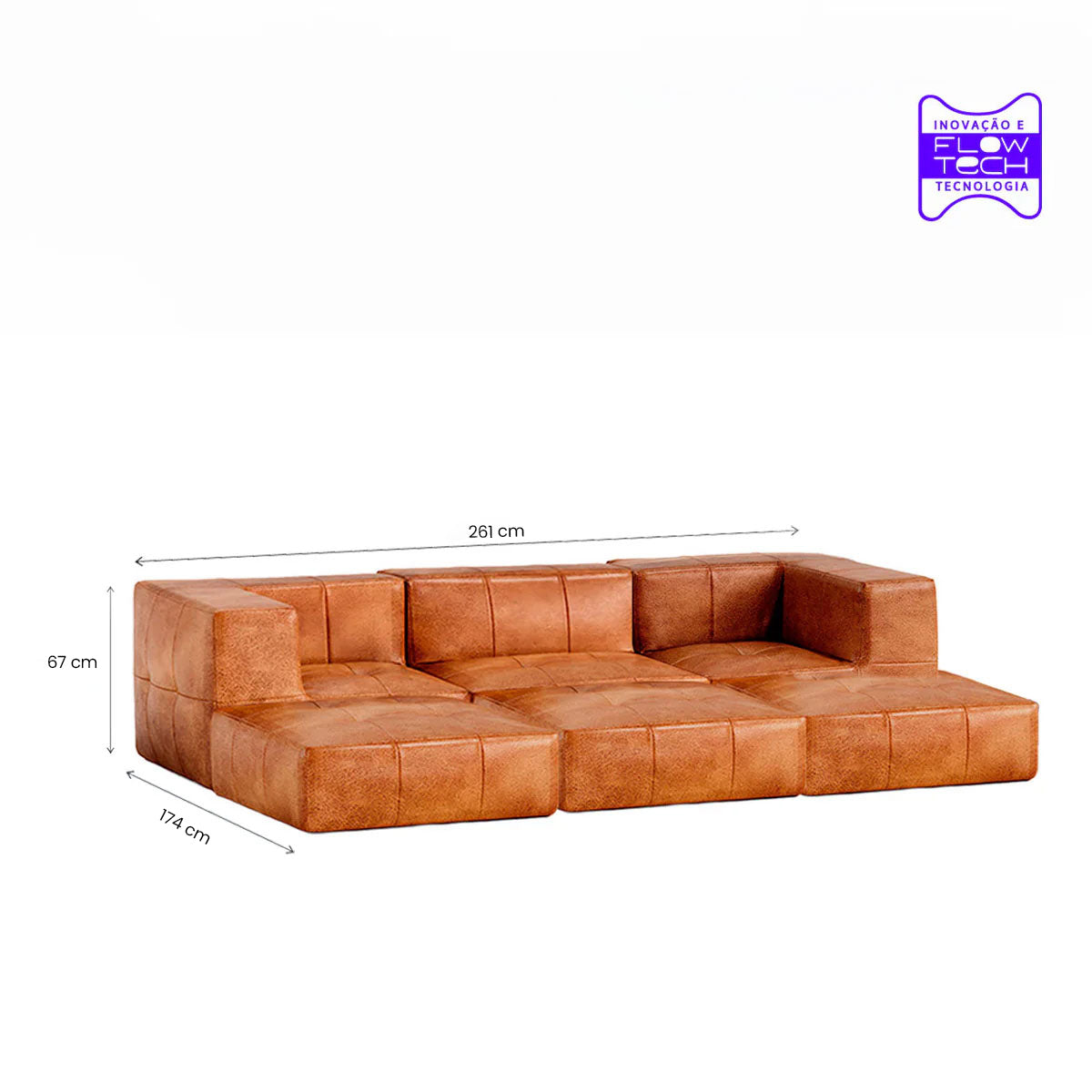 Sofá Modular 3 Lugares 2 Cantos com 3 Apoios de Pé em Poli-Couro Marrom