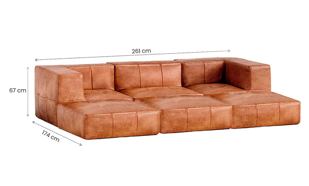 Sofá Modular 3 Lugares 2 Cantos com 3 Apoios de Pé em Poli-Couro Marrom