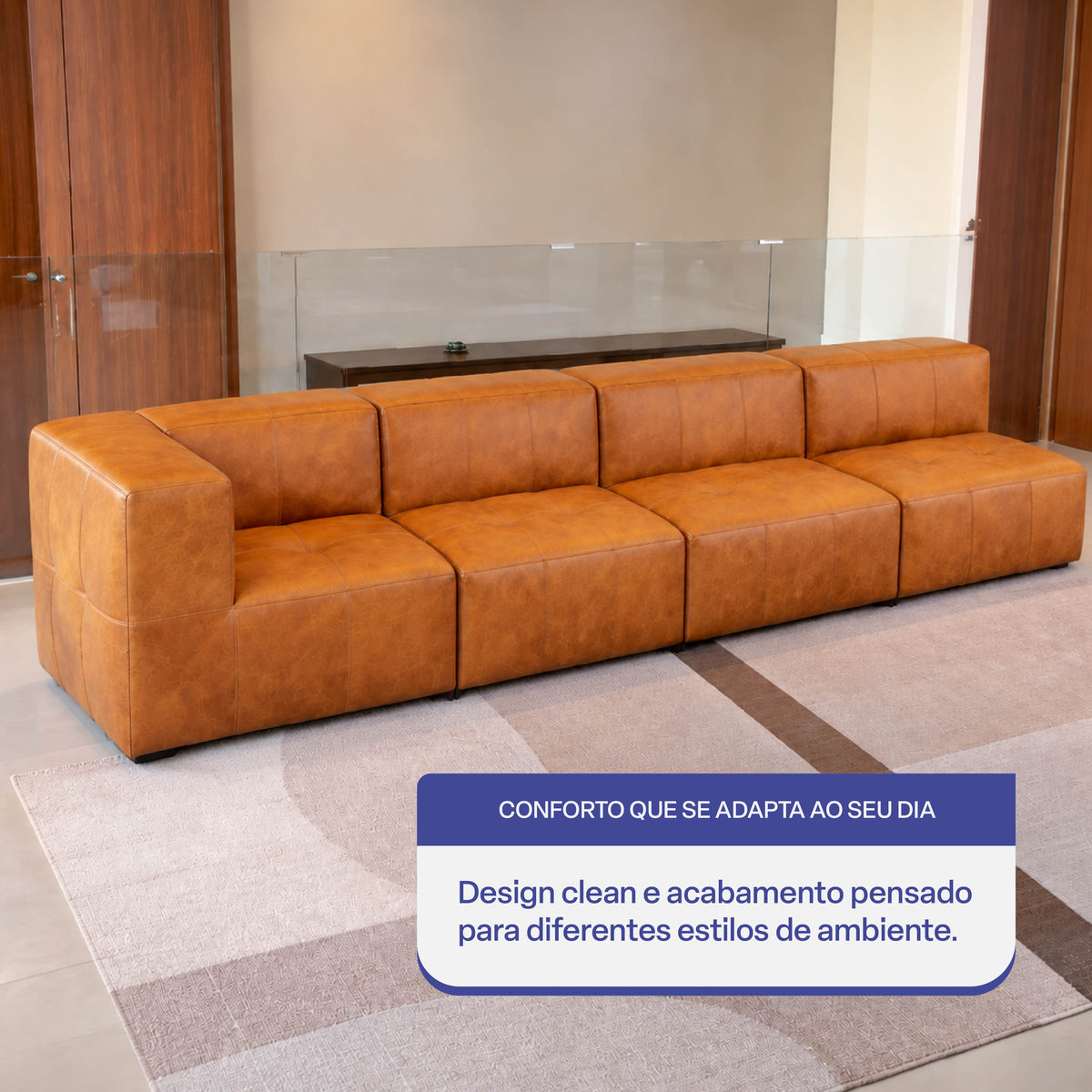 Sofá Modular 4 Lugares 1 Canto em Poli-Couro Marrom