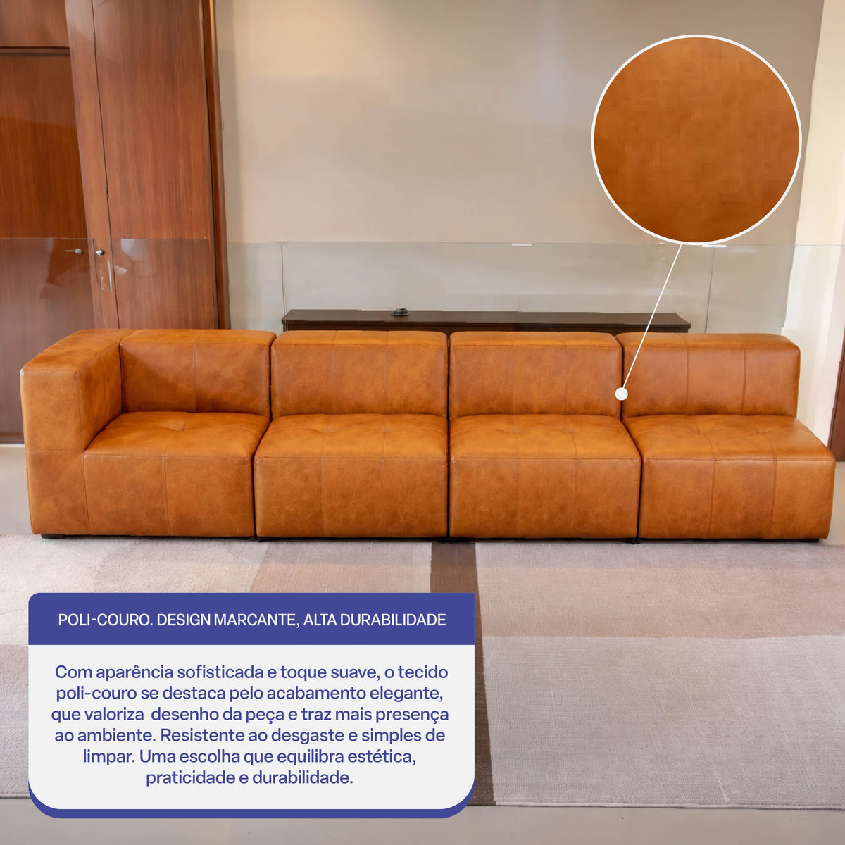 Sofá Modular 4 Lugares 1 Canto em Poli-Couro Marrom