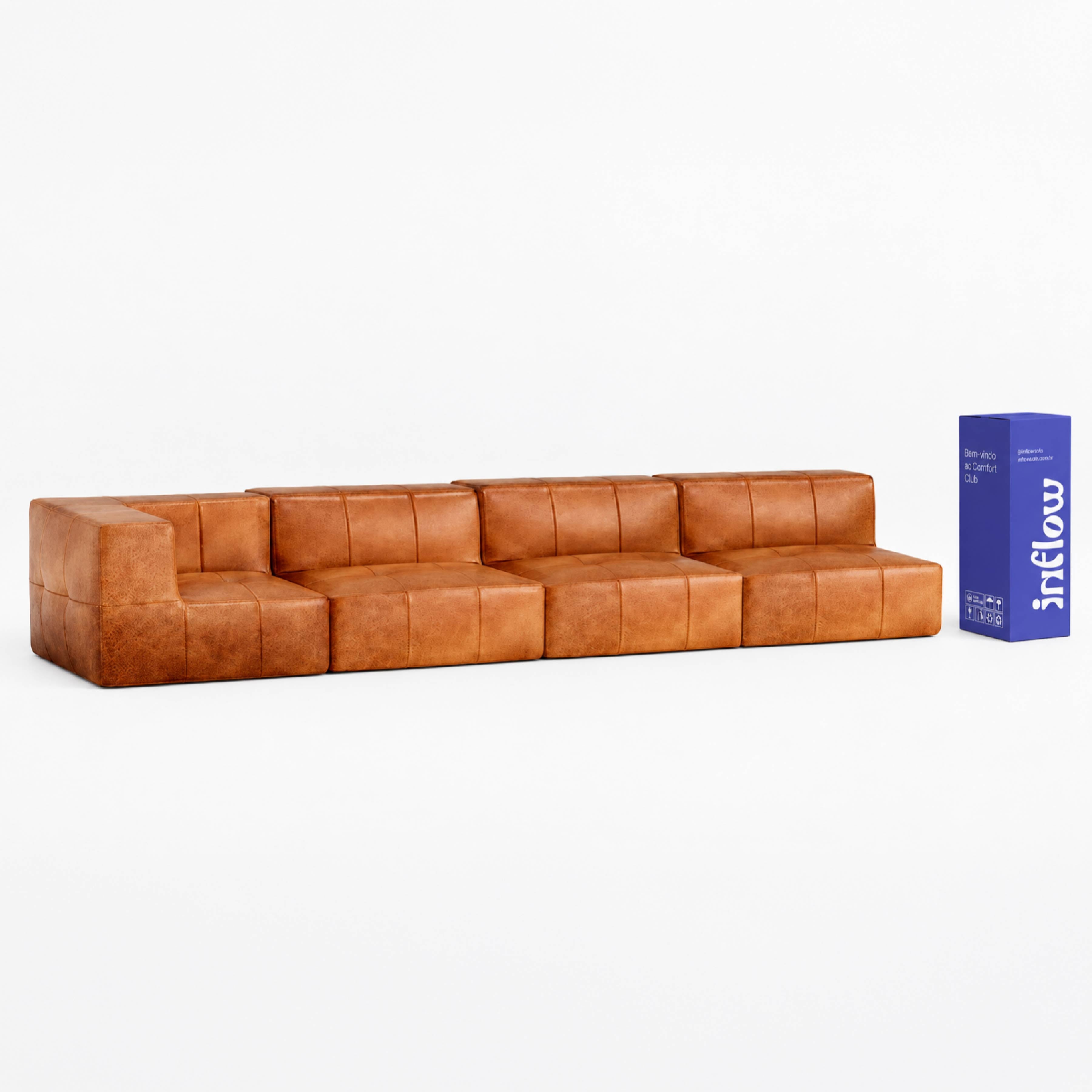 Sofá Modular 4 Lugares 1 Canto em Poli-Couro Marrom